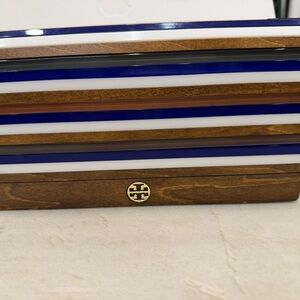 Tory Burch Blue, White & Wood Tone Striped Clutch with Gold Logo with tags